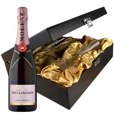 Moet & Chandon Rose Champagne 75cl And Flutes In Luxury Presentation Box